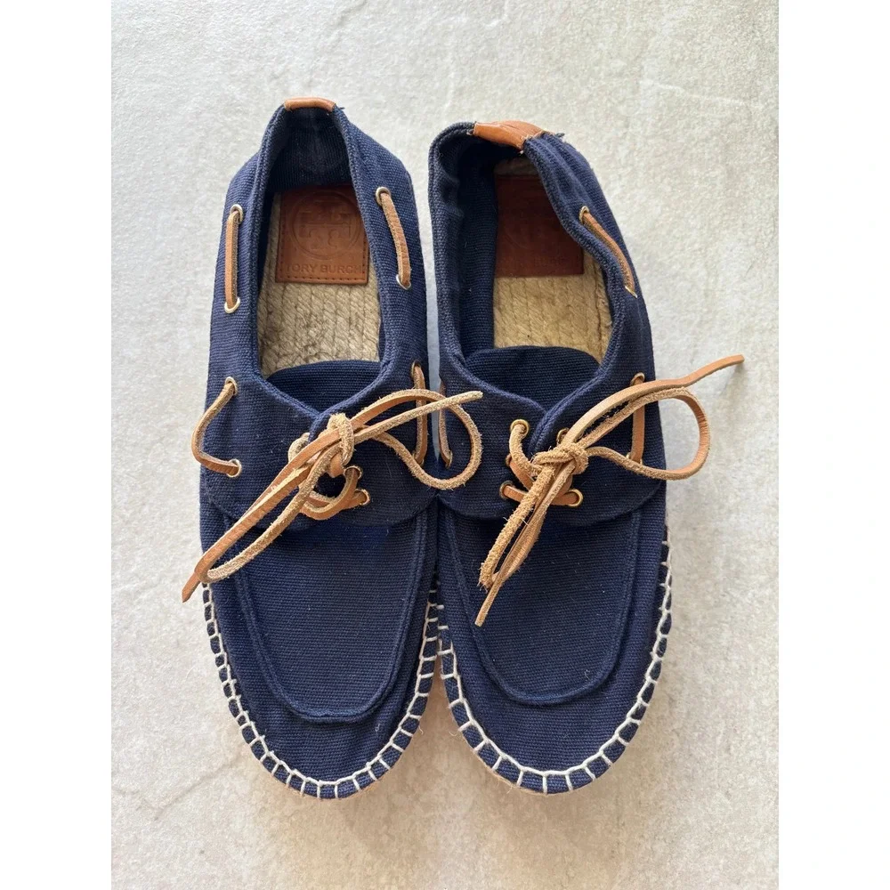 Tory Burch Blanton Espadrille Womens 9 Blue Tan Jute Resort Travel Vacation Boat